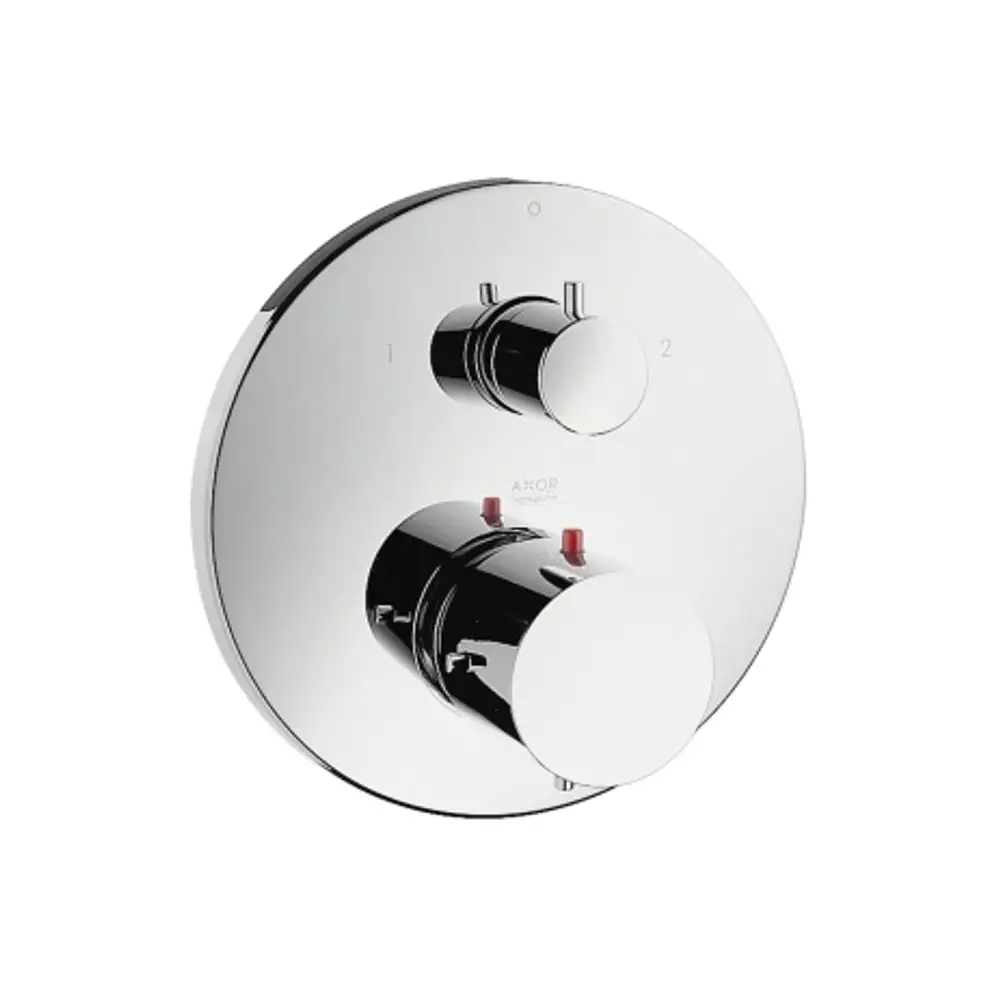 Thermostat zur Wandmontage mit zwei drehbaren Reglern, auf glänzendem Chrom, von AXOR, mit Ab- und Umstellventil zur Wasserregulierung.